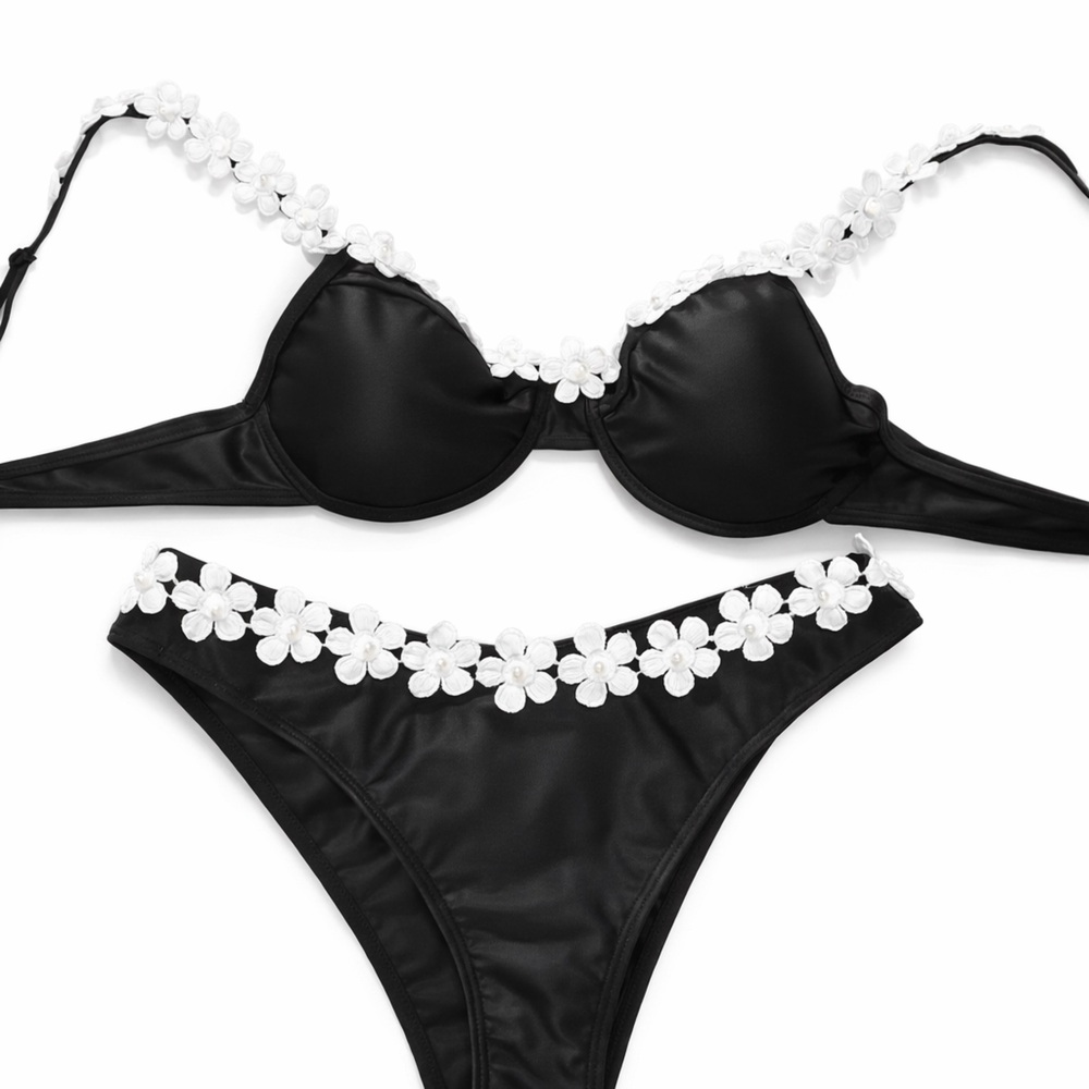 Black Floral-Trim Bikini Set - Women Swim